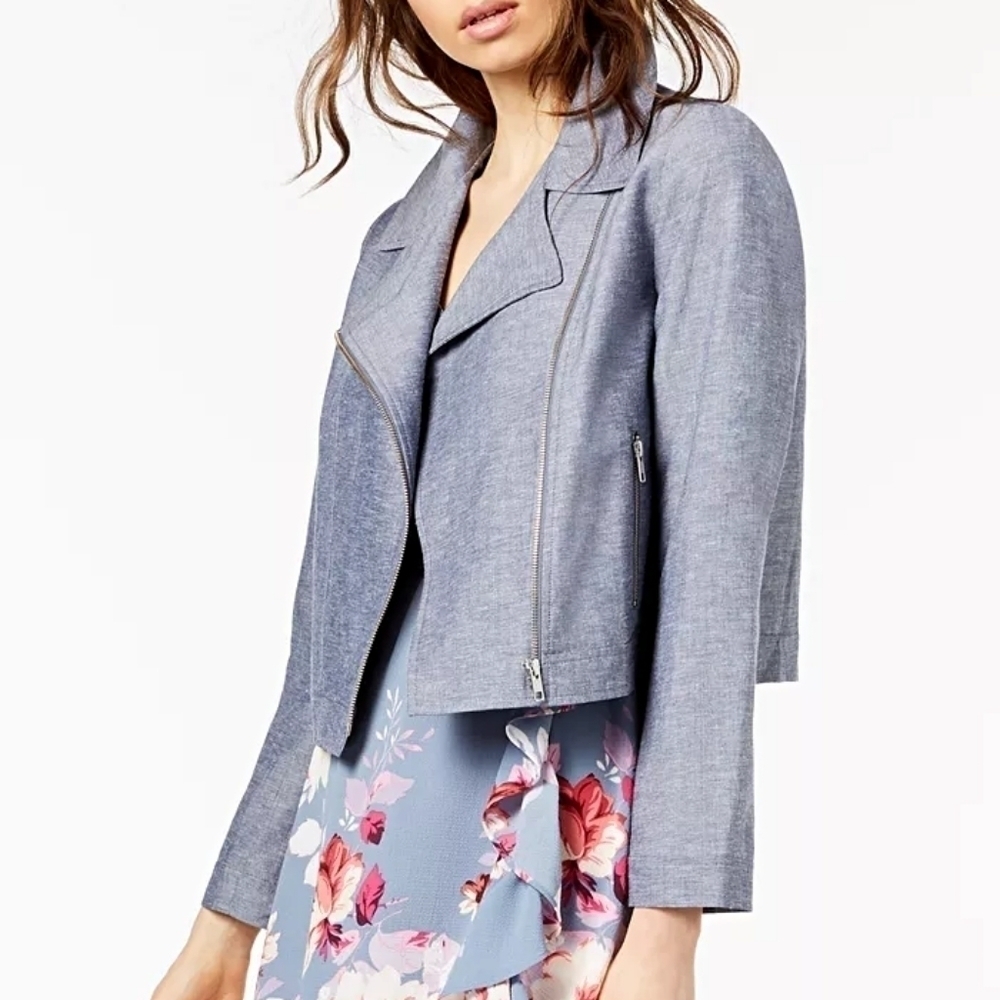Jill Jill Stuart Linen Blend Blue Chambray Moto Crop Jacket Lightweight Modern